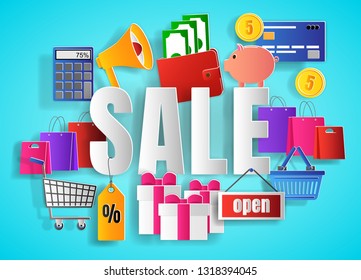 Sale concept with word, paper cut design vector illustration, for graphic and web design