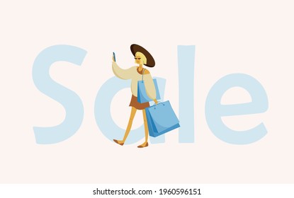 Sale concept. Young blonde girl with shopping bags taking selfie