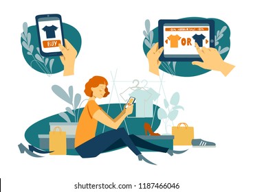 Sale Concept. Young Woman Shoping Online Using Smartphone. Vector Illustration Template. Can Use For Web Banner, Ads, Infographics, Hero Images