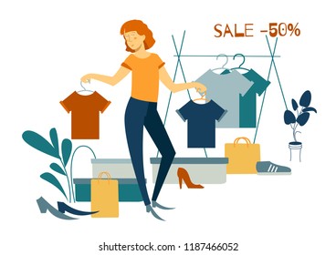 Sale concept. Young woman shoping online using smartphone. Vector illustration template. Can use for web banner, ads, infographics, hero images