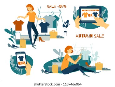 Sale concept. Young woman shoping online using smartphone. Vector illustration template. Can use for web banner, ads, infographics, hero images