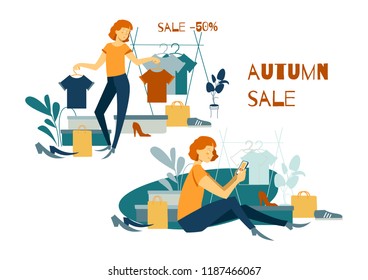 Sale concept. Young woman shoping online using smartphone. Vector illustration template. Can use for web banner, ads, infographics, hero images