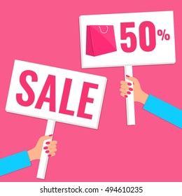 Sale concept.Promotion banner. Hands holding discount signs. Flat style vector illustration.