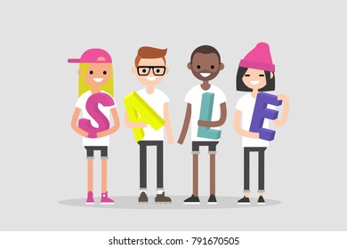 Sale, conceptual 3D sign. Young millennial characters holding colorful letters. Seasonal discounts. Flat editable vector illustration, clip art