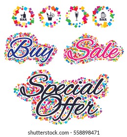 Sale confetti labels and banners. Bar or Pub icons. Glass of beer and champagne signs. Alcohol drinks and cocktail symbols. Special offer sticker. Vector