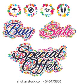 Sale confetti labels and banners. Beach holidays icons. Ball, umbrella and flip-flops sandals signs. Palm trees symbol. Special offer sticker. Vector