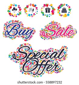 Sale confetti labels and banners. Birthday party icons. Cake and gift box signs. Air balloons and fireworks symbol. Special offer sticker. Vector