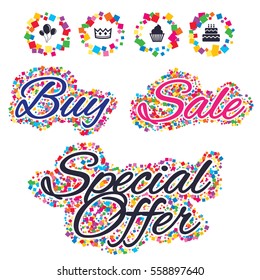 Sale confetti labels and banners. Birthday crown party icons. Cake and cupcake signs. Air balloons with rope symbol. Special offer sticker. Vector