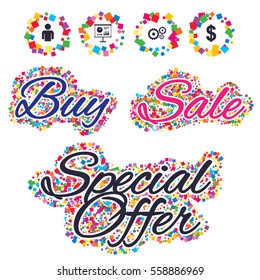 Sale confetti labels and banners. Business icons. Human silhouette and presentation board with charts signs. Dollar currency and gear symbols. Special offer sticker. Vector