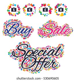 Sale confetti labels and banners. Businessman case icons. Cash money diplomat signs. Dollar, euro and pound symbols. Special offer sticker. Vector