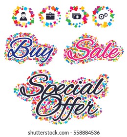 Sale confetti labels and banners. Businessman icons. Human silhouette and cash money signs. Case and gear symbols. Special offer sticker. Vector