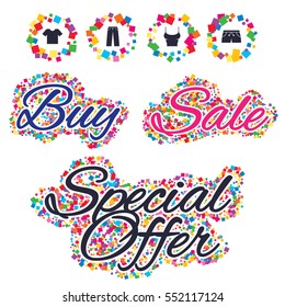 Sale confetti labels and banners. Clothes icons. T-shirt and pants with shorts signs. Swimming trunks symbol. Special offer sticker. Vector