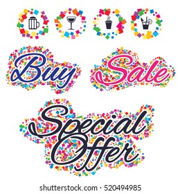 Sale confetti labels and banners. Drinks icons. Take away coffee cup and glass of beer symbols. Wine glass and cocktail signs. Special offer sticker. Vector