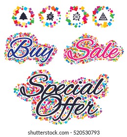 Sale confetti labels and banners. Happy new year icon. Christmas trees signs. World globe symbol. Special offer sticker. Vector