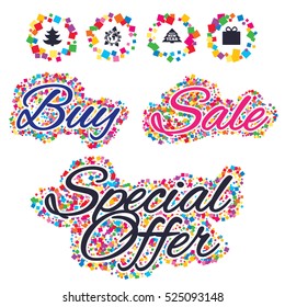 Sale confetti labels and banners. Happy new year icon. Christmas trees and gift box signs. World globe symbol. Special offer sticker. Vector