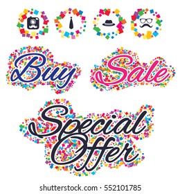 Sale confetti labels and banners. Hipster photo camera with mustache icon. Glasses and tie symbols. Classic hat headdress sign. Special offer sticker. Vector