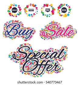 Sale confetti labels and banners. Sale icons. Special offer speech bubbles symbols. Buy now arrow shopping signs. Available now. Special offer sticker. Vector