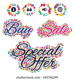 Sale confetti labels and banners. Information sign. Group of people and speaker volume symbols. Internet globe sign. Communication icons. Special offer sticker. Vector