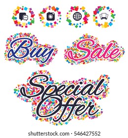 Sale confetti labels and banners. Social media icons. Chat speech bubble and world globe symbols. Hipster photo camera sign. Photo frames. Special offer sticker. Vector