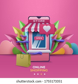 The sale and consumer concept. Online shopping with smartphone. E-commerce shopping. Vector illustration