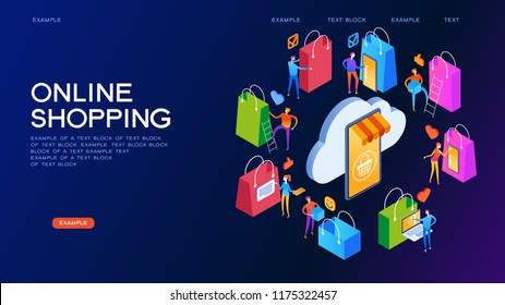 The sale and consumer concept. A person buys an online store using a smartphone. Landing page template. 3d vector isometric illustration.