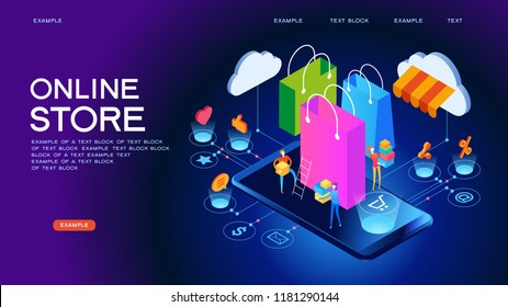 The sale and consumer concept. A person buys an online store using a smartphone. Landing page template. 3d vector isometric illustration.