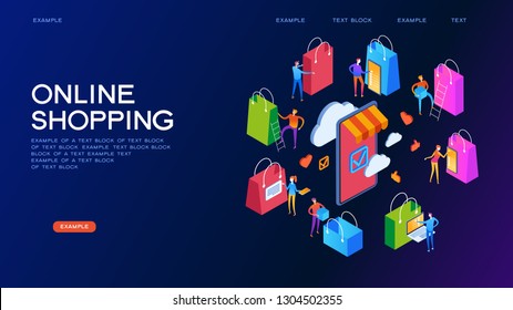 The sale and consumer concept. A person buys an online store using a smartphone. Landing page template. 3d vector isometric illustration.