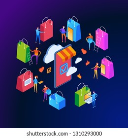 The sale and consumer concept. A person buys an online store using a smartphone. Landing page template. 3d vector isometric illustration.