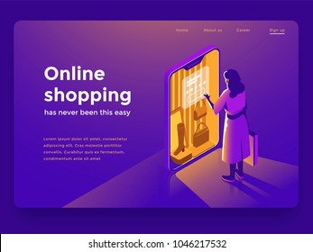 Sale, Consumerism And People Concept. Young Woman Shop Online Using Smartphone. Landing Page Template. 3d Vector Isometric Illustration.