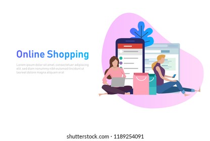 Sale, consumerism and people concept. Young woman shop online using smartphone and laptop. Vector illustration. with shopping bag.