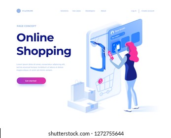 Sale, consumerism and people concept. Young woman shop online using smartphone. Landing page template. 3d vector isometric illustration.