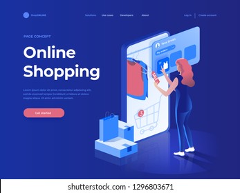 Sale, Consumerism And People Concept. Young Woman Shop Online Using Smartphone. Landing Page Template. 3d Vector Isometric Illustration.