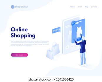 Sale, consumerism and people concept. Young woman shop online using smartphone. Landing page template. 3d vector isometric illustration.