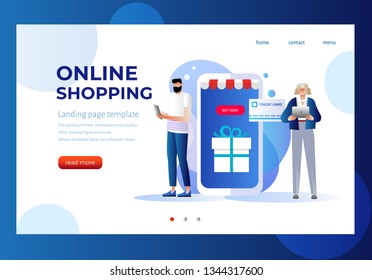 Sale, consumerism and people concept. Young woman and man shop online using smartphone. Landing page template. 3d vector isometric illustration. Character design