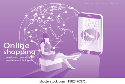 Sale, consumerism and people concept. Young woman are sitting on pouf and fitting on virtual shoes; shoping online using smartphone; virtual shopping. Landing page template. 