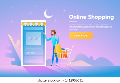 Sale, consumerism and people concept. Young woman shop online using smartphone. Landing page template. Vector isometric illustration.