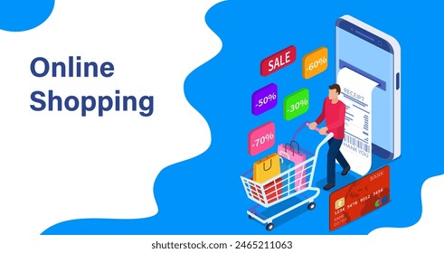 Sale, consumerism and people concept. Young man shop online Landing page template. 3d isometric. Vector illustration in flat style.