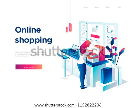 Sale, consumerism and people concept. Young woman shop online using smartphone. Landing page template. 3d vector isometric illustration.