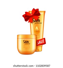 Sale, cosmetic set with red ribbon and bow, 3d illustration. Vector mockup for web, magazine or adv for your design