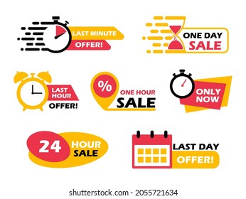 Sale countdown badge set. Limited offer with timer for promotion. Last minute offer, last day and 24 hour sale. Super promo with countdown. Hot sale promo stickers. Vector illustration.