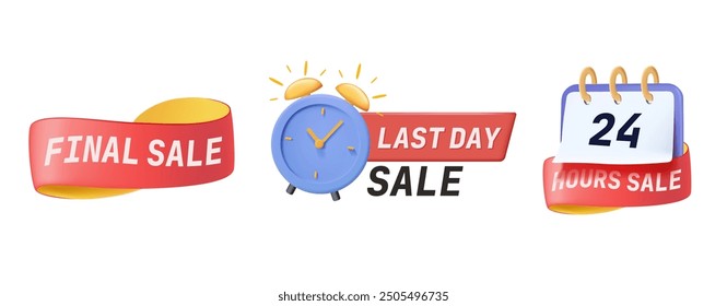 Sale countdown badges 3D style. Last minute offer banner, one day sales and 24 hour sale promo stickers. business limited special promotions, best deal badge. Isolated vector icons set