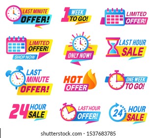 Sale countdown badges. Big deal, limited sale announcement. Promo stickers last day, hour and minute timer. Best offer labels vector price special low set