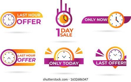 Sale countdown badges collection. Last minute offer banner, one day sales and 24 hour sale promo stickers. business limited special promotions, best deal badge. Isolated vector icons set.