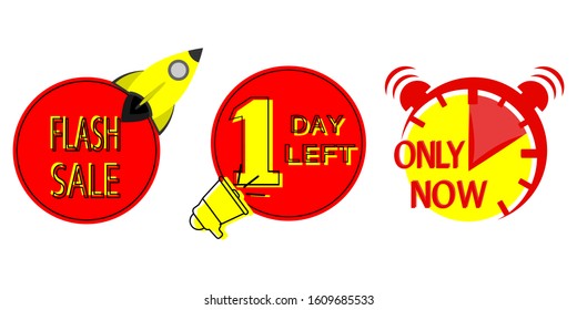 Sale countdown badges. Flash sale banner, one day left and only now promo stickers. Male hand holding megaphone with one day left speech bubble. Banner for business, marketing and advertising. Vector 