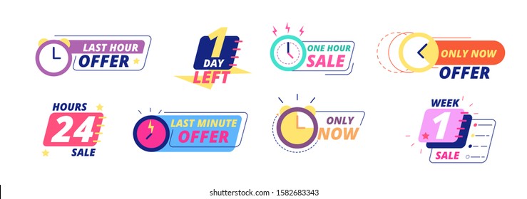 Sale countdown badges. Last day, hour and minute offer labels with clock icons. Big deal limited sale announcement stickers vector set