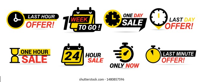 Sale countdown badges. Last minute offer banner, one day sales and 24 hour sale promo stickers. business limited special promotions, best deal badge. Isolated vector icons set svg