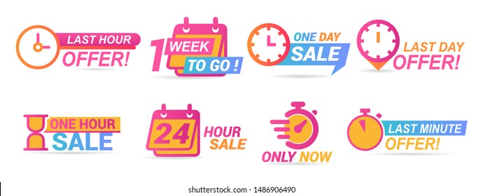 Sale countdown badges. Last minute offer banner, one day sales and 24 hour sale promo stickers. business limited special promotions, best deal badge. Isolated vector icons set svg