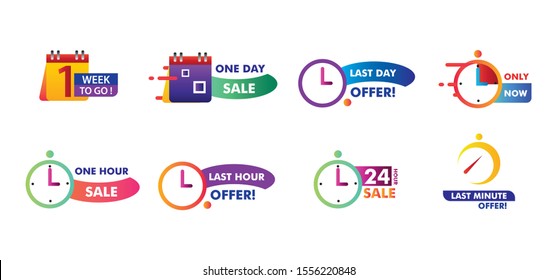 Sale countdown badges. Last minute offer banner, one day sales and 24 hour sale promo stickers. business limited special promotions, best deal badge. Isolated vector icons set.