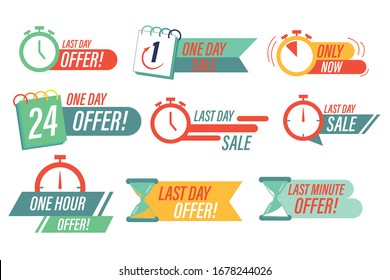 Sale countdown badges. Last minute offer banner, one day sales and 24 hour sale promo stickers.  Clearance sale promotions, best deal badge, happy hours promo icon. 