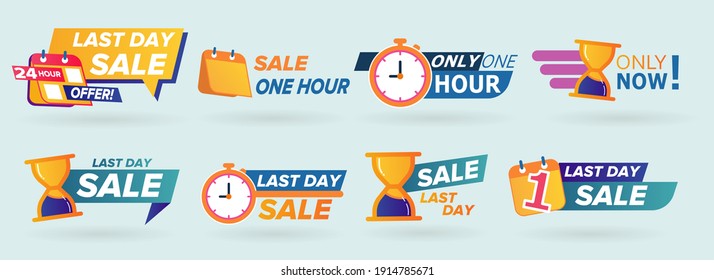 Sale countdown badges. Last minute offer banner, one day sales and 24 hour sale promo stickers. Bright vector icons set isolated on white. svg
